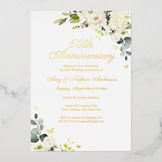 Floral Golden Butterfly 50ste bruiloft Jubileum Folie Uitnodiging (Voorkant)