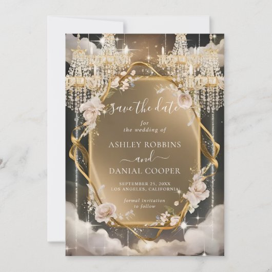  Floral Golden Chandelier Bewaar de datum Kaart (Voorkant)