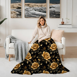 Floral Golden en Black Elegant Rozen Fleece Deken