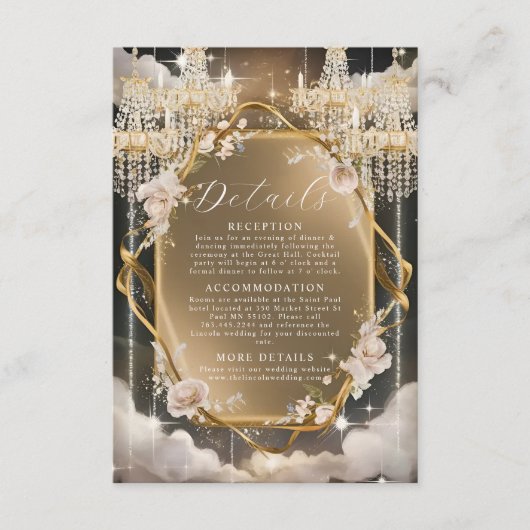  Floral Golden kroonluchter bruiloft Informatiekaartje (Voorkant)