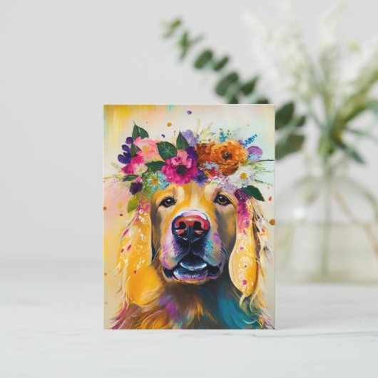 Floral Golden Retriever schilderij Briefkaart (Staand voorkant)