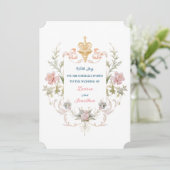 Floral Golden Royal Crest & Blush Roses Wedding Kaart (Staand voorkant)