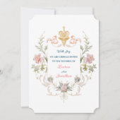 Floral Golden Royal Crest & Blush Roses Wedding Kaart (Voorkant)