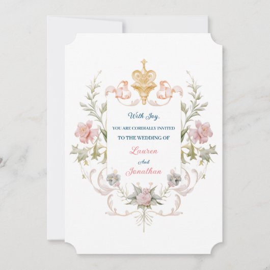 Floral Golden Royal Crest & Blush Roses Wedding Kaart (Voorkant)