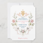 Floral Golden Royal Crest & Blush Roses Wedding Kaart (Achterkant)