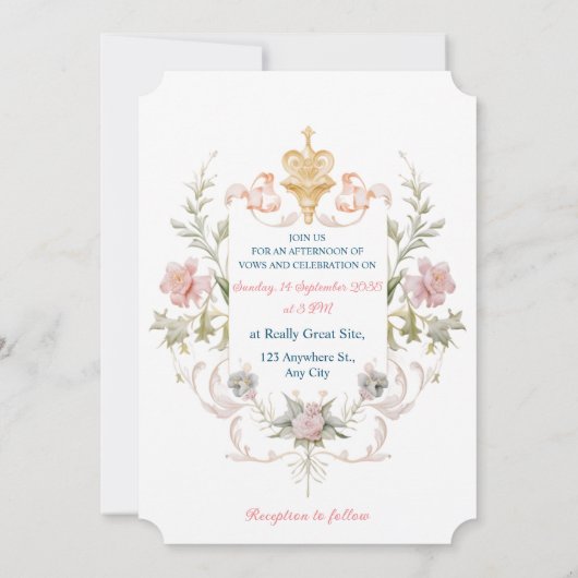 Floral Golden Royal Crest & Blush Roses Wedding Kaart (Achterkant)