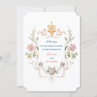 Floral Golden Royal Crest & Blush Roses Wedding Kaart