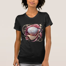 Floral golfbal en club in roze en goud t-shirt