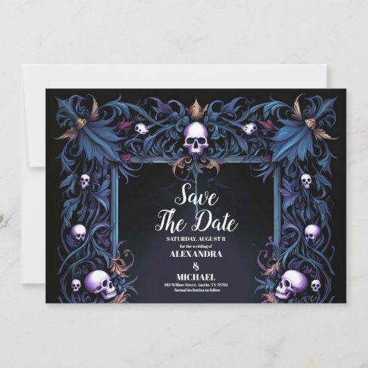 Floral Gothic Halloween bruiloft Save The Date (Voorkant)