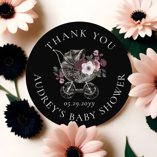 Floral Gothic kinderwagen zwart dank u Baby shower Ronde Sticker