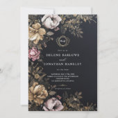 Floral Gothic Zwart Monogram Bruiloft Kaart (Voorkant)