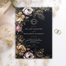 Floral Gothic Zwart Monogram Bruiloft Kaart