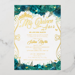 Floral Goud Blauwgroen Scroll Mis Quince Quinceane Folie Uitnodiging
