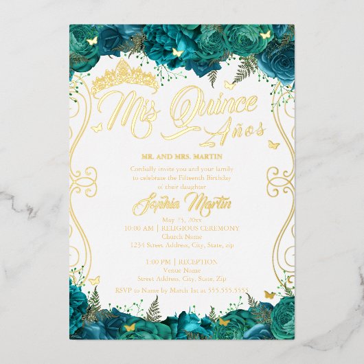 Floral Goud Blauwgroen Scroll Mis Quince Quinceane Folie Uitnodiging (Voorkant)