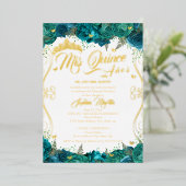 Floral Goud Blauwgroen Scroll Mis Quince Quinceane Folie Uitnodiging (Staand Voorkant)
