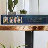 Floral goud en marine typografie kapsalon manager naambordje