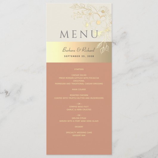 Floral Goud en Terracotta bruiloft Menu (Voorkant)