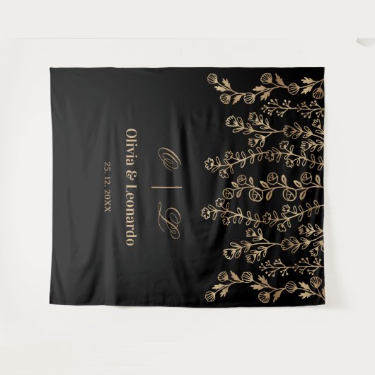 Floral goud en zwart elegante bruiloft achtergrond wandkleed (Voorkant (horizontaal))