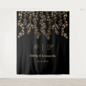 Floral goud en zwart elegante bruiloft achtergrond wandkleed (Voorkant)