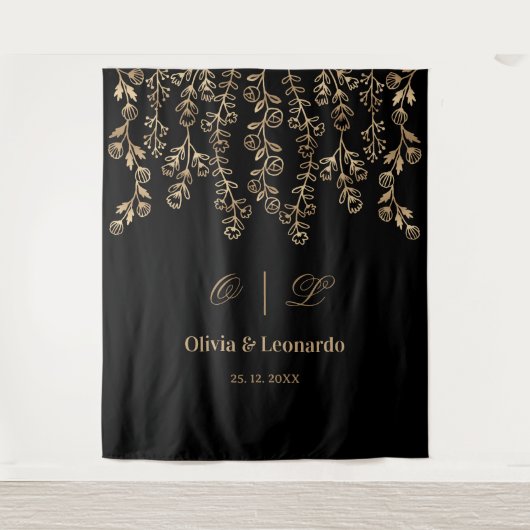 Floral goud en zwart elegante bruiloft achtergrond wandkleed (Voorkant)