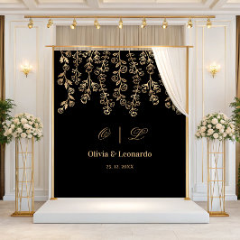 Floral goud en zwart elegante bruiloft achtergrond wandkleed
