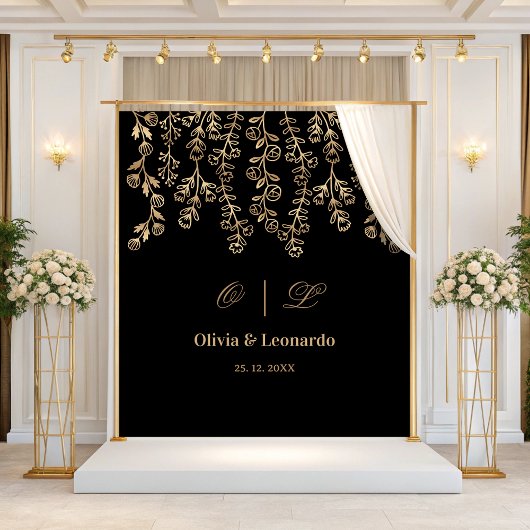 Floral goud en zwart elegante bruiloft achtergrond wandkleed