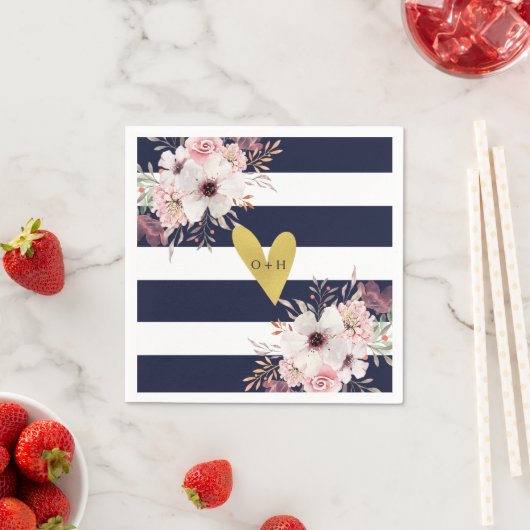 Floral Goud Hart Marine Wit Trouwpapier Servet (Insitu)