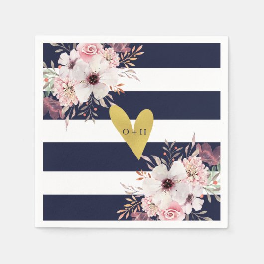 Floral Goud Hart Marine Wit Trouwpapier Servet (Voorkant)
