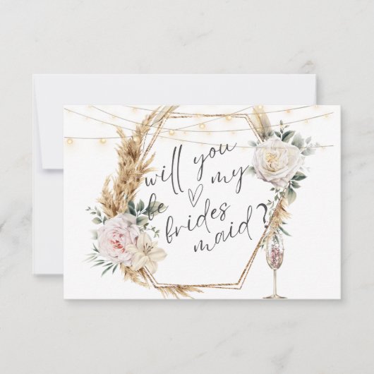 Floral Goud Lijst Champagne Glas Bruidsmeisje Kaar Kaart (Voorkant)