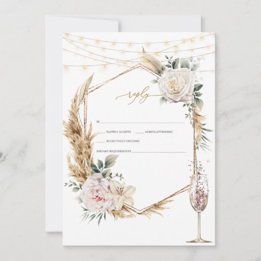 Floral Goud Lijst Champagne Glazen Huwelijk RSVP Kaart (Voorkant)