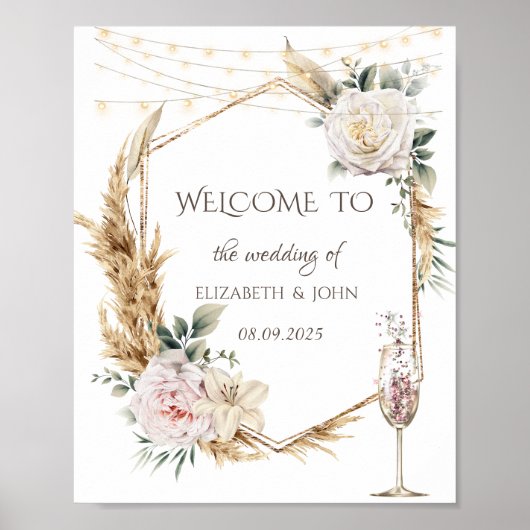 Floral Goud Lijst Champagneglas Poster (Voorkant)