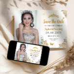 Floral Goud Prinses Verjaardag Quinceanera Foto Save The Date<br><div class="desc">Bloemen Lichte Champagne Gouden Prinses jurk Glitter Sparkle Tiara Kroon Vlinder 15e Verjaardag Quinceanera Foto Save the Date</div>