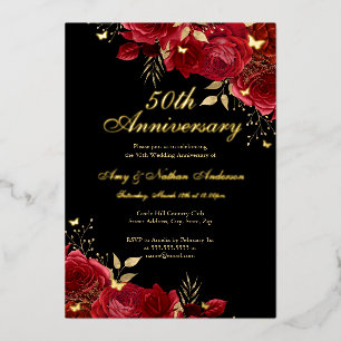 Floral Goud Rood 50e bruiloft Jubileum Folie Uitnodiging