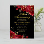 Floral Goud Rood 50e bruiloft Jubileum Folie Uitnodiging (Staand Voorkant)