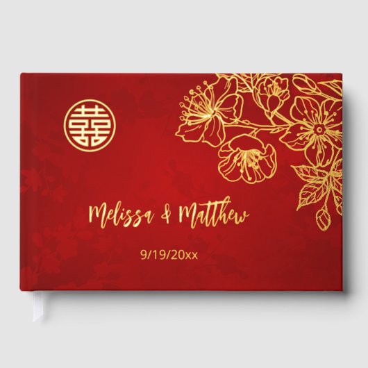 Floral Goud Rood Chinese bruiloft Gastenboek (Voorkant)
