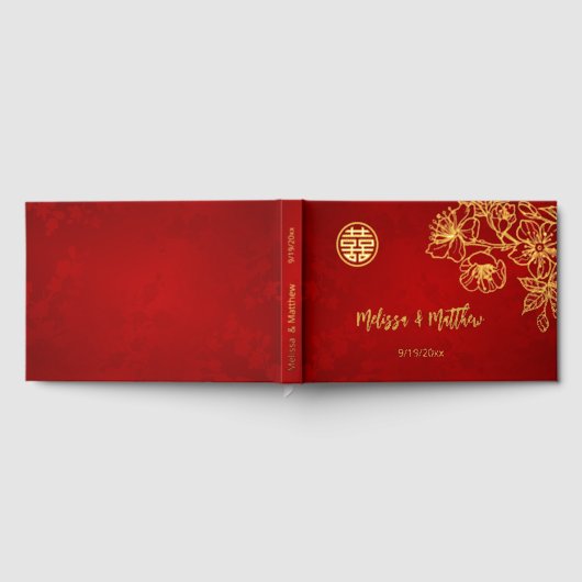 Floral Goud Rood Chinese bruiloft Gastenboek (Volledig)