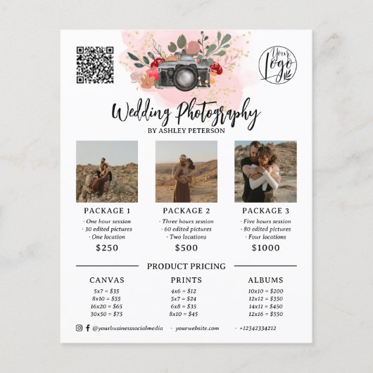 Floral goud roze Fotografie logo qr code Flyer (Voorkant)