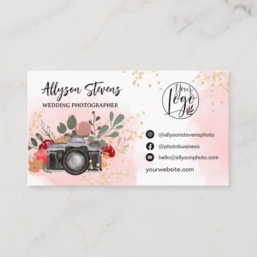 Floral goud roze Fotografie logo qr code Visitekaartje (Voorkant)
