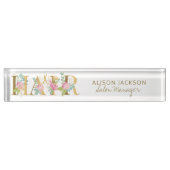 Floral goud roze typografie kapsalon manager naambordje (Voorkant)