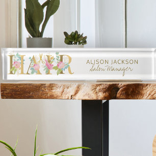 Floral goud roze typografie kapsalon manager naambordje
