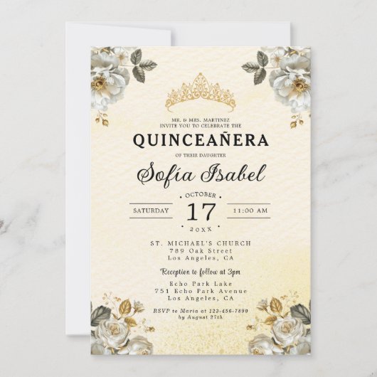Floral Goud Wit Prinses Quinceanera Kaart (Voorkant)