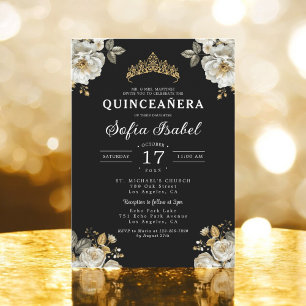 Floral Goud Zwart Prinses Quinceanera Kaart