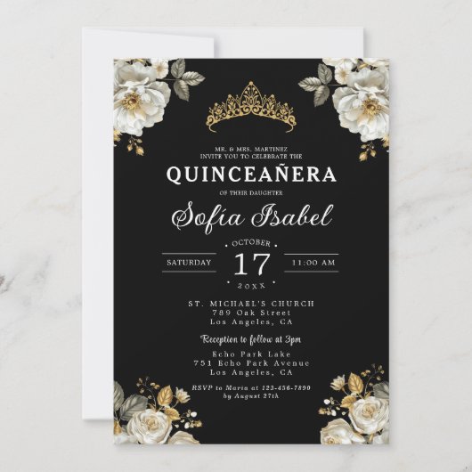 Floral Goud Zwart Prinses Quinceanera Kaart (Voorkant)