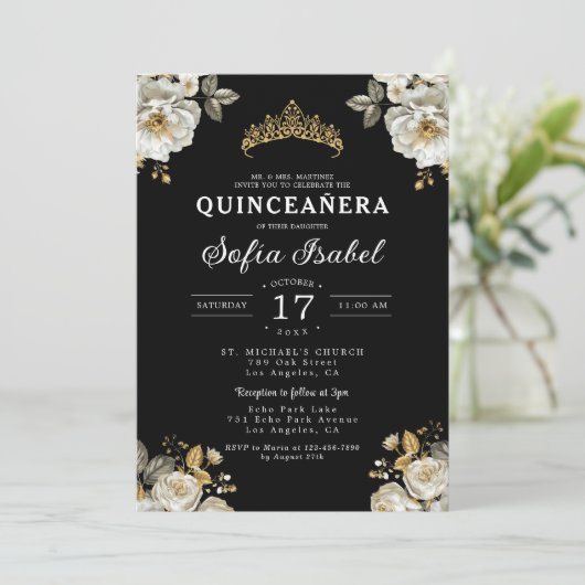 Floral Goud Zwart Prinses Quinceanera Kaart (Staand voorkant)