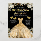 Floral Goud Zwarte Vlinder Prinses Quinceanera Folie Uitnodiging (Voorkant)