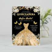 Floral Goud Zwarte Vlinder Prinses Quinceanera Folie Uitnodiging (Staand Voorkant)