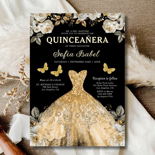 Floral Goud Zwarte Vlinder Prinses Quinceanera Folie Uitnodiging