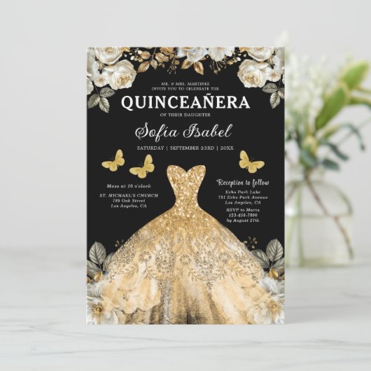 Floral Goud Zwarte Vlinder Prinses Quinceanera Kaart (Staand voorkant)