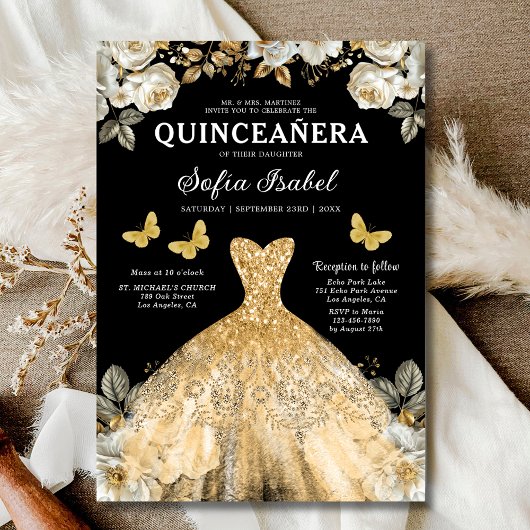 Floral Goud Zwarte Vlinder Prinses Quinceanera Kaart