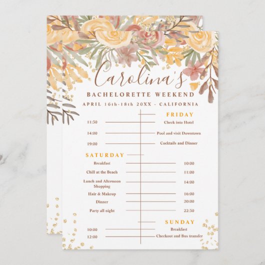 Floral goudbruine tijdlijn bachelorette weekend kaart (Voorkant / Achterkant)